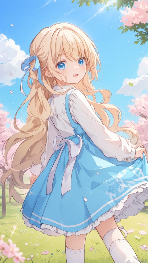 sa-fu \(sfmk39\),Nahida stands in a sun-drenched meadow on a summer day, her fair skin glowing under the intense blue sky with cirrus fibratus clouds. Her blonde hair is tied back with a hair ribbon and adorned with petal-like accessories, as she wears a pleated dress and collared shirt. A symbol eye glows softly on her forehead. Her bright blue eyes sparkle as she smiles warmly at the viewer, her long hair flowing gently down her back. A small fang protrudes from her mouth, adding a touch of loli charm to her features. She has a flat chest, emphasizing her youthful appearance. The camera captures her in a cozy animation scene, surrounded by cherry blossoms and garters, with her gaze directed at the viewer as if inviting them into her whimsical world.


