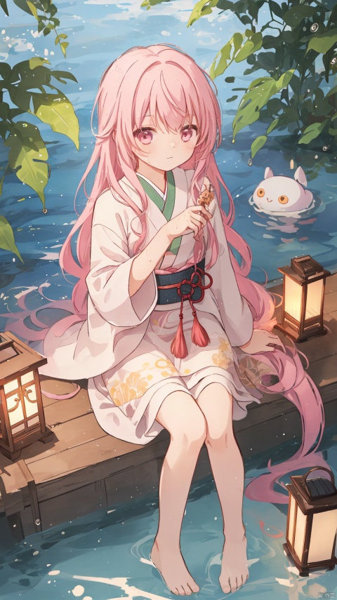 sa-fu \(sfmk39\),1girl, long hair, solo, pink hair, looking at viewer, lantern, water, bangs, sitting, long sleeves, wet, holding lantern, barefoot, very long hair, pink eyes, in water, japanese clothes
