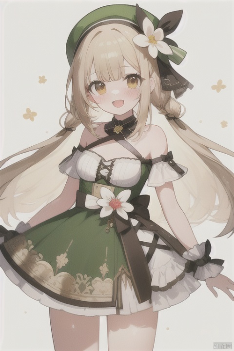  sousouman,1girl, \:d, atelier_\(series\), atelier_ayesha, ayesha_altugle, bare_shoulders, blonde_hair, blush, bow, breasts, brown_eyes, dress, flower, green_bow, green_dress, green_hat, hair_flower, hair_ornament, hani_\(udauda\), hat, long_hair, looking_at_viewer, off-shoulder_dress, off_shoulder, open_mouth, simple_background, smile, solo, waist_bow, white_background, wrist_cuffs
