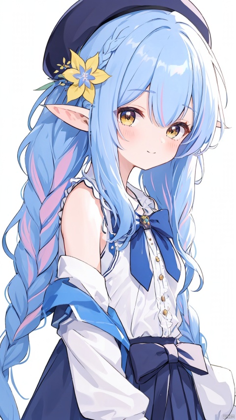 exusiai_dust,petite,loli,1girl, virtual_youtuber, yukihana_lamy, solo, breasts, pointy_ears, blue_hair, long_hair, hat, streaked_hair, yellow_eyes, hair_ornament, looking_at_viewer, multicolored_hair, flower, hair_flower, ahoge, smile, blush, hair_between_eyes, braid, colored_tips, beret, fur_trim, elf, upper_body, white_headwear, closed_mouth, bangs, large_breasts, white_background, center_frills, shirt, off_shoulder, simple_background, jacket, bow, white_shirt, bare_shoulders, sleeveless
