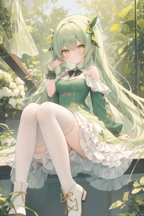 chen_bin,1girl, boots, breasts, character_profile, dress, frills, green_eyes, jewelry, long_hair, looking_at_viewer, solo, thighhighs, white_footwear, yellow_eyes