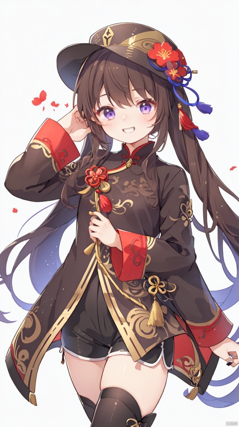 sa-fu \(sfmk39\),1girl, hu tao \(genshin impact\), solo, hat, shorts, brown hair, smile, long hair, looking at viewer, black nails, flower, black headwear, long sleeves, white background, black shorts, twintails, hat flower, plum blossoms, symbol-shaped pupils, porkpie hat, red eyes, simple background, tassel, jewelry, chinese clothes, thighs, breasts, very long hair, multicolored hair, grin, bangs, nail polish, short shorts, cowboy shot, hair between eyes, flower-shaped pupils, shirt, ring, teeth, gradient hair, coat
