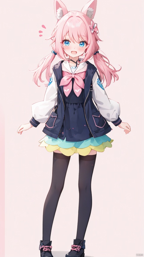 exusiai_dust,1girl, animal_ears, blue_eyes, blush, full_body, open_mouth, pink_background, pokemon_\(creature\), simple_background, smile, standing, thighhighs
