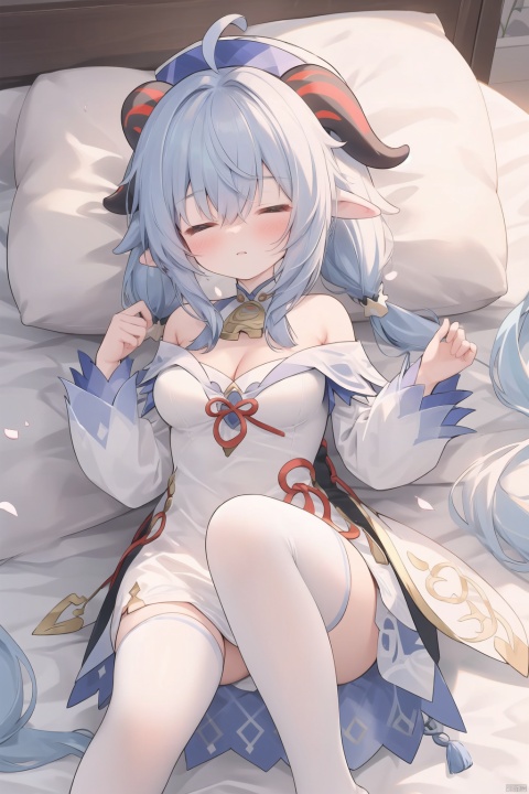 chen_bin,sleeping, blue_hair, multiple_girls, 3girls, closed_eyes, horns, long_hair, ganyu_(genshin_impact), breasts, thighhighs, ahoge, white_dress, bangs, dress, lying, leaf_on_head, very_long_hair, petals, bare_shoulders, cleavage, leaf, on_back, on_side, parted_lips, long_sleeves, bed_sheet, white_headwear, medium_breasts, white_thighhighs, drill_hair, sidelocks, short_hair, blunt_bangs, hair_between_eyes, pillow, closed_mouth, zettai_ryouiki, off_shoulder, frills, large_breasts, animal_ears, raccoon_ears, feet_out_of_frame, blush, on_bed, strap_slip, twintails, pointy_ears, off-shoulder_dress, hat