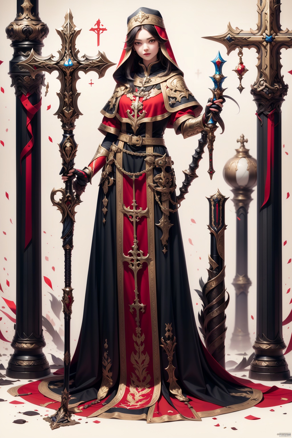 Theme, (Masterpiece), (Best Quality), (Detail), ((Color Splash)),  1 Girl, Solo, long hair,Black Hair,looking at viewer,Brave, persevering, white background,full body, GameWeapon, priest,Middle Ages,staff,big brown eyes,Metal in clothes,Sacred belt,hood, theVatican,red style costume,black dress,1080P