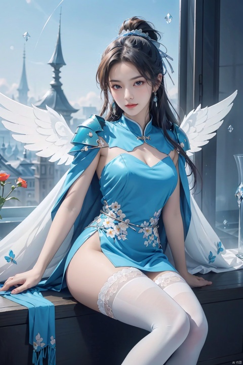 masterpiece,{{{best quality}}},(illustration)),{{{extremely detailed CG unity 8k wallpaper}}},game_cg,(({{1girl}})),{solo}, (beautiful detailed eyes),((shine eyes)),goddess,fluffy hair,messy_hair,ribbons,hair_bow,{flowing hair}, (glossy hair), (Silky hair),((white stockings)),(((gorgeous crystal armor))),cold smile,stare,cape,(((crystal wings))),((grand feathers)),((altocumulus)),(clear_sky),(snow mountain),((flowery flowers)),{(flowery bubbles)},{{cloud map plane}},({(crystal)}),crystal poppies,({lacy}) ({{misty}}),(posing sketch),(Brilliant light),cinematic lighting,((thick_coating)),(glass tint),(watercolor),(Ambient light),long_focus,(Colorful blisters),ukiyoe style, Xiaolan, nezha, (\shuang hua\), aoguang