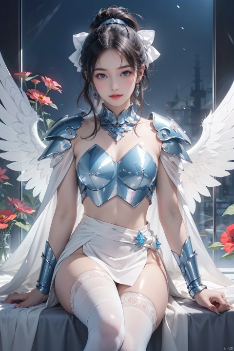 masterpiece,{{{best quality}}},(illustration)),{{{extremely detailed CG unity 8k wallpaper}}},game_cg,(({{1girl}})),{solo}, (beautiful detailed eyes),((shine eyes)),goddess,fluffy hair,messy_hair,ribbons,hair_bow,{flowing hair}, (glossy hair), (Silky hair),((white stockings)),(((gorgeous crystal armor))),cold smile,stare,cape,(((crystal wings))),((grand feathers)),((altocumulus)),(clear_sky),(snow mountain),((flowery flowers)),{(flowery bubbles)},{{cloud map plane}},({(crystal)}),crystal poppies,({lacy}) ({{misty}}),(posing sketch),(Brilliant light),cinematic lighting,((thick_coating)),(glass tint),(watercolor),(Ambient light),long_focus,(Colorful blisters),ukiyoe style, Xiaolan, nezha
