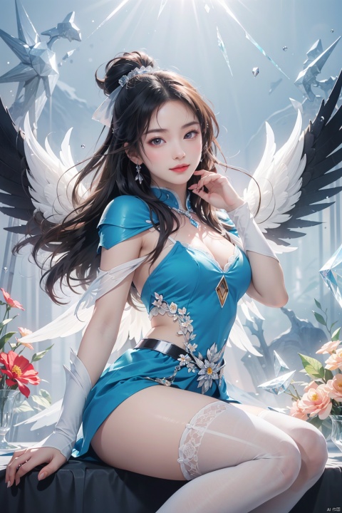 masterpiece,{{{best quality}}},(illustration)),{{{extremely detailed CG unity 8k wallpaper}}},game_cg,(({{1girl}})),{solo}, (beautiful detailed eyes),((shine eyes)),goddess,fluffy hair,messy_hair,ribbons,hair_bow,{flowing hair}, (glossy hair), (Silky hair),((white stockings)),(((gorgeous crystal armor))),cold smile,stare,cape,(((crystal wings))),((grand feathers)),((altocumulus)),(clear_sky),(snow mountain),((flowery flowers)),{(flowery bubbles)},{{cloud map plane}},({(crystal)}),crystal poppies,({lacy}) ({{misty}}),(posing sketch),(Brilliant light),cinematic lighting,((thick_coating)),(glass tint),(watercolor),(Ambient light),long_focus,(Colorful blisters),ukiyoe style, Xiaolan, nezha