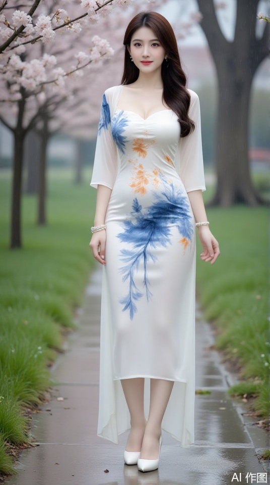 A charming young beauty, standing tall. smile, cleavage, She is wearing a three-quarter sleeve Chinese cheongsam with strong Chinese cultural characteristics, white high heels, and a white silk background color cheongsam with blue and orange ink elements. She is wearing pearl earrings and a bracelet. Integration of cultural tradition and modern aesthetics, showing classical beauty, unique charm of Eastern culture, beautiful, full full 36D, Walking in a quiet and beautiful alley, the alley is overgrown with green grass and both sides are filled with blooming flowers. The water that had just rained was somewhat foggy in the distance of the alley.
