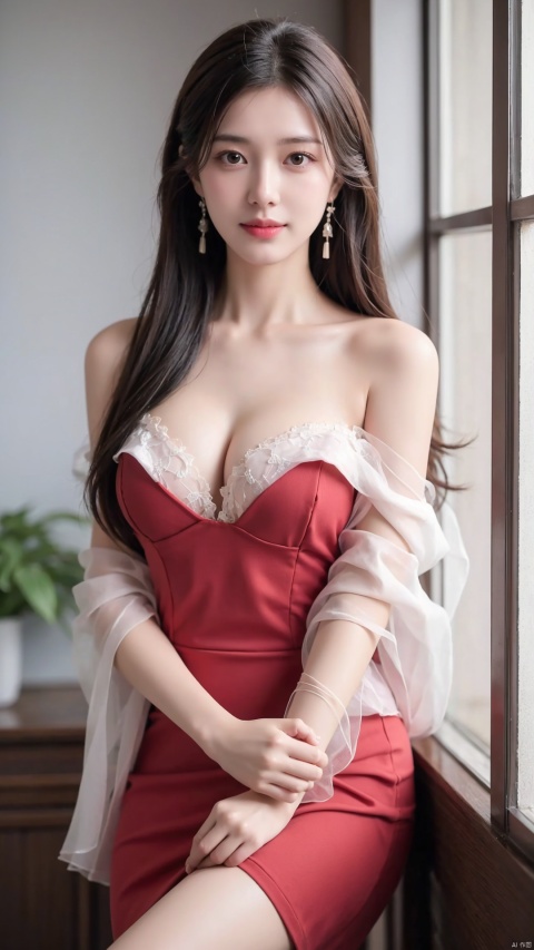 1girl, solo, long_hair, breasts, looking_at_viewer, smile, large_breasts, brown_hair, dress, cleavage, bare_shoulders, brown_eyes, jewelry, medium_breasts, closed_mouth, collarbone, earrings, indoors, off_shoulder, red_dress, lips, window, watermark, realistic