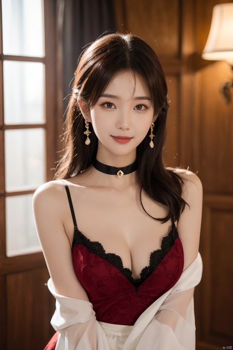  A Korean woman in a red see-through robe poses for a photo, dressed in Edge Seduction, Cleavage of breast，smile，indoors, in a luxury hotel, at night, plants, smiles, mixed Korean, blurred background, focus, professional photography, dynamic angle shots, film particles, Bokeh, light tracking, dynamic lighting, tilt camera, shot from the front, lens flare, (((masterpiece)) , (best quality)) , NSF, (intricate details) , (actual) , (50mm Sigma F1.4 Zeiss Lens, F1.4,1800s, ISO 100, photo: 1.1) , views, Moro Islamic Liberation Front, mature woman, very detailed, illustrations, a girl, large breasts, beautiful detailed eyes, long hair, boom, brown hair, brown eyes, black collar, earrings, detailed background, perfect eyes, seductive eyes, looking at the audience, from the front, 1girl, xiqing