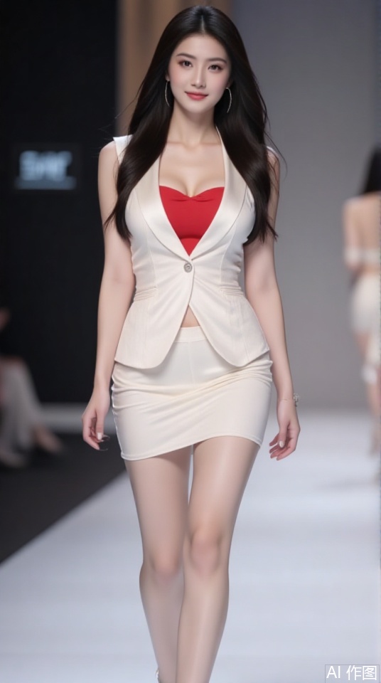 She is wearing a red top with a white silk sleeveless blazer and a white pencil short skirt, smile, white high heels, Her long, dark hair is styled straight, and she is accessorized with earrings. full of 36D, walking on the runway, runway, lighting effects, Victoria's Secret temperament.
