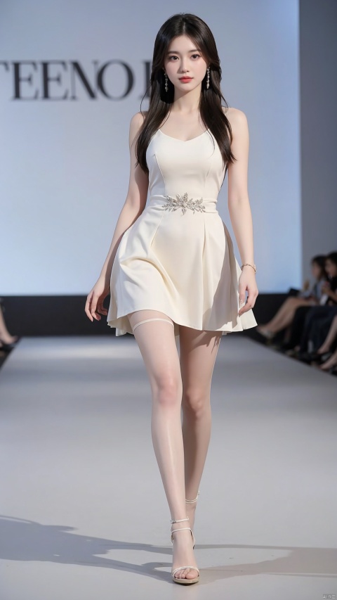  1girl, solo, long_hair, looking_at_viewer, black_hair, dress, brown_eyes, jewelry, standing, full_body, pantyhose, earrings, solo_focus, Models walked on the gorgeous catwalk，white_dress, high_heels, realistic