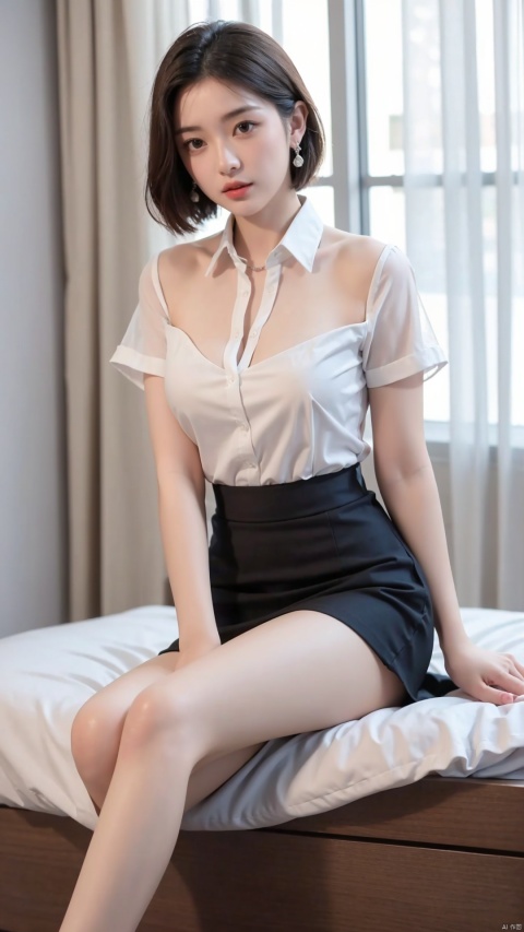 1girl, solo, short_hair, looking_at_viewer, skirt, shirt, black_hair, jewelry, sitting, closed_mouth, cleavage, white_shirt, short_sleeves, earrings, collared_shirt, black_skirt, lips, see-through, bed, pencil_skirt, realistic, office_lady