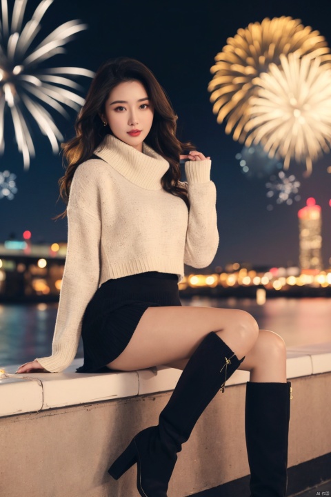  1girl,fashion model,female focus,(masterpiece, realistic, best quality, highly detailed, profession),asian,pretty,Charming eyes,exquisite facial features,bangle,sweater,scarf,skirt,black stockings,boots,sitting,night,neon,beach of city,new year,cinematic composition,,blurry,plns,sw, fireworks