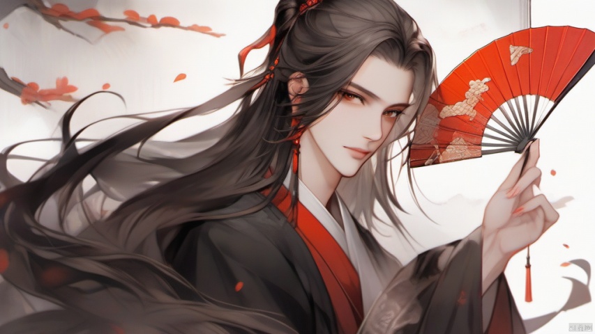 (1boy:1),solo,long hair,male focus,black hair,hand fan,hanfu,looking at viewer,red nails,ponytail,sitting,long sleeves,chinese clothes,holding,jewelry,red eyes,holding fan,white background