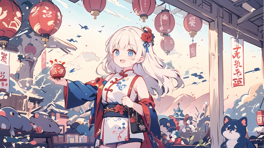 (best quality),(masterpiece),scenery,east asian architecture,ancient chinese architecture,chinese building,thundercracker, (((1girl))),solo,long hair,smile,open mouth,:d,bangs,hair flower,hair ornament,white hair,thighs,perfect eyes,blue eyes,beautiful face,medium breasts ,bare shoulders,standing,chinese new year shirt,(((middle distance))),new year,night,sky,traditional chinese festival, mDragonNewYear, , guofeng