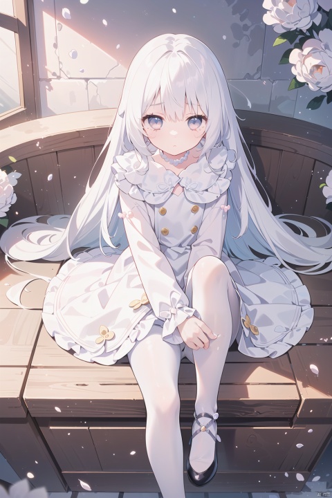  (1girl:1.4),(solo:1.4),(loli:1.3),(petite:1.3),(kawaii),(bishoujo:1.2),(puffy long sleeves,hidden hands:1.2),(white pantyhose:1.2),(pearl white eyes:1.3),(white hair),(flowers on hair),(delicate clothes),(long white straight hair:1.2),(extremely detailed cute face:1.2),(expressionless:1.2),(shy:1.3),mute,(beautiful detailed face:1.3),shoes,sitting,shoes_removed