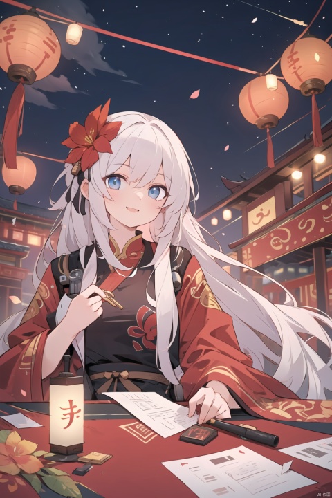  (best quality),(masterpiece),,
scenery,east asian architecture,thundercracker,
(((1girl))),flower,Chinese New Year shirt,hair flower,hair ornament,multicolored hair,long hair,smile,white hair,long hair,hair flying,thighs,perfect eyes,beautiful face,medium breasts,(((middle distance))),
new year,night,sky,traditional Chinese festival,paper lantern, wrobot cyborg full body, mechanical wings