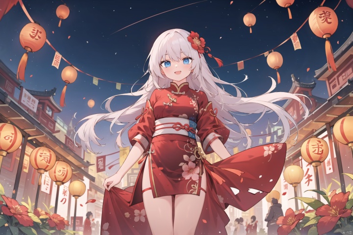 (best quality),(masterpiece),,
scenery,east asian architecture,thundercracker,
(((1girl))),flower,Chinese New Year shirt,hair flower,hair ornament,multicolored hair,long hair,smile,white hair,long hair,hair flying,thighs,perfect eyes,beautiful face,medium breasts,(((middle distance))),blue eyes,
new year,night,sky,traditional Chinese festival,paper lantern