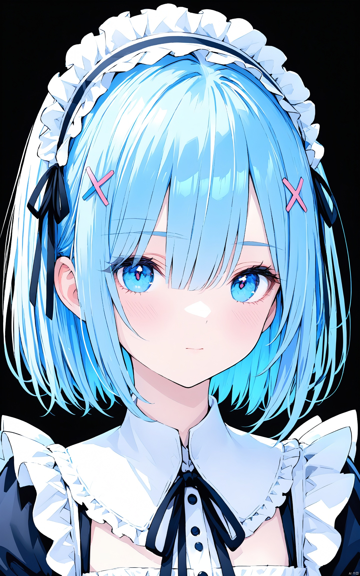  (masterpiece), (best quality), illustration, ultra detailed, hdr, Depth of field, (colorful),1girl, solo, short hair,rem, hair ornament, blue eyes, looking at viewer, blue hair, ribbon, x hair ornament, eyes visible through hair, closed mouth, hair over one eye, bangs, maid, black background, holding, black ribbon, neck ribbon, frills, flower, upper body, roswaal mansion maid uniform, hairband, portrait, maid headdress, hair ribbon