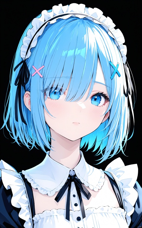  (masterpiece), (best quality), illustration, ultra detailed, hdr, Depth of field, (colorful),1girl, solo, short hair,rem, hair ornament, blue eyes, looking at viewer, blue hair, ribbon, x hair ornament, eyes visible through hair, closed mouth, hair over one eye, bangs, maid, black background, holding, black ribbon, neck ribbon, frills, flower, upper body, roswaal mansion maid uniform, hairband, portrait, maid headdress, hair ribbon