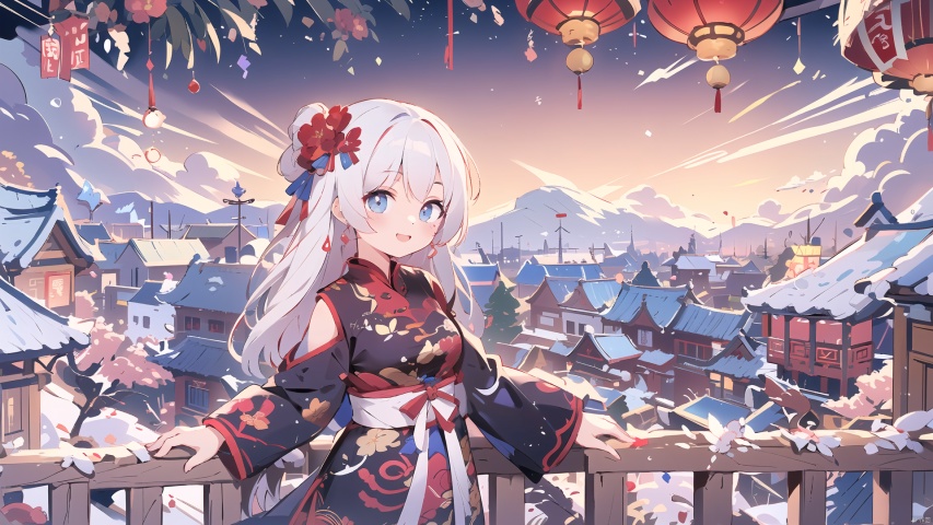(best quality),(masterpiece),,
scenery,east asian architecture,thundercracker,
(((1girl))),flower,Chinese New Year shirt,hair flower,hair ornament,multicolored hair,long hair,smile,white hair,long hair,hair flying,thighs,perfect eyes,beautiful face,medium breasts,(((middle distance))),
new year,night,sky,traditional Chinese festival,