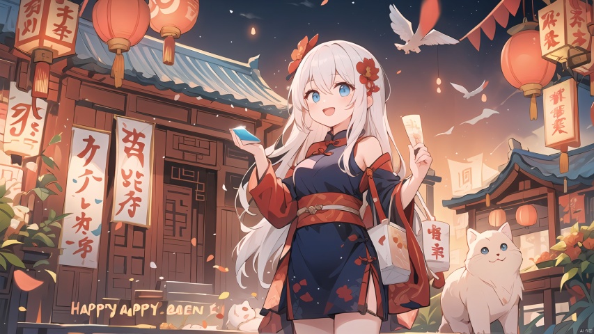 (best quality),(masterpiece),scenery,east asian architecture,thundercracker,
(((1girl))),solo,long hair,smile,open mouth,:d,bangs,hair flower,hair ornament,white hair,thighs,perfect eyes,blue eyes,beautiful face,medium breasts ,bare shoulders,standing,chinese new year shirt,(((middle distance))),
happy new year,new year,night,sky,traditional chinese festival,paper lantern,