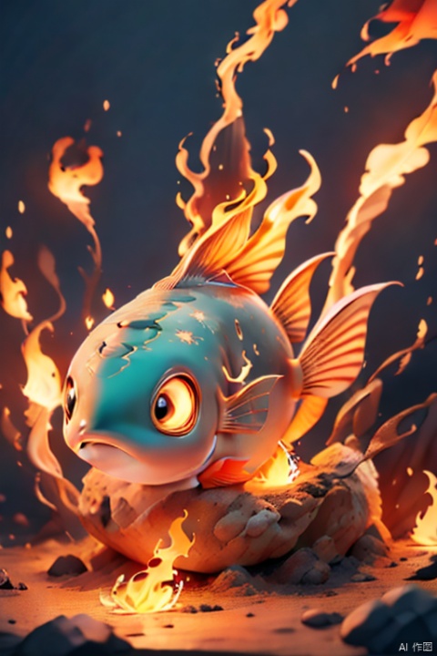  Cute goldfish with flame patterns all over its body,,In the volcano,（（masterpiece）））, （（best quality））, （（intricate details））,（（dreamstyle））（8k）,火焰,鱼