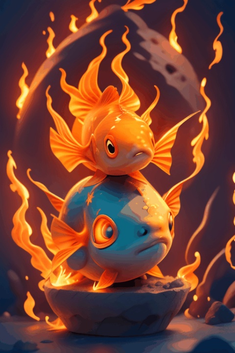  Cute goldfish with flame patterns all over its body,,In the volcano,（（masterpiece）））, （（best quality））, （（intricate details））, （（dreamstyle））（8k）,火焰,鱼