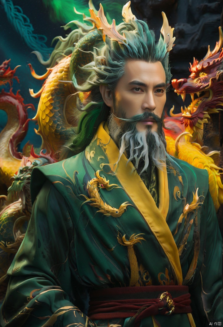  dragon king,black eyes,long ears,green long beard,face markings,chest logo,brown yellow corners,dark green hair,dark red coat,dark red light painting,blue gray background