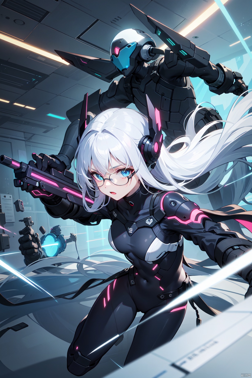  (((The cyber helmet covers the whole fac,a woman,White long hair,Blue eyes,beautiful girl,a weapon gun shaped like a graphics card,Wearing sci-fi style glasses