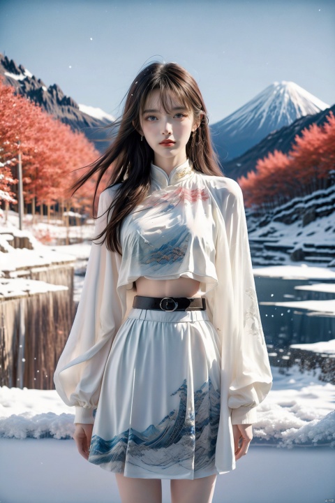  (8k, Best Quality, Masterpiece),Super Detail,(High Detail skin),Pointillism,Van Gogh style,illustration,
high fashion photo shoot,Delicate belt,Outdoor snow mountain background, with frozen lake surface in front of the snow mountain, yifu, wangyushan, FUJI,Realism and movie quality, there should be texture