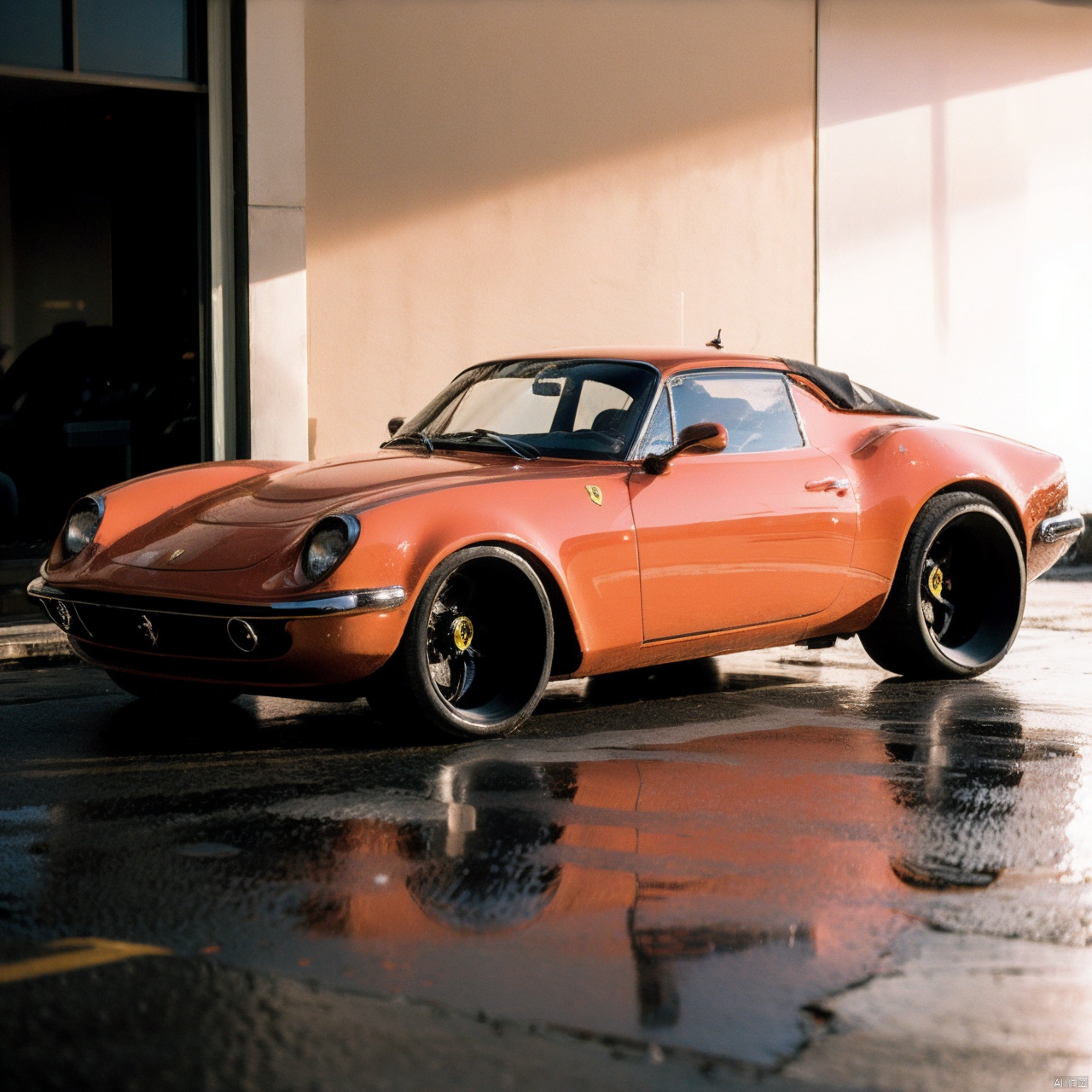  HUBG_Film_Texture, hyperrealism,
photograph of a car, cyberpunk, HUBG_Peach_Fuzz, Ferrari 296