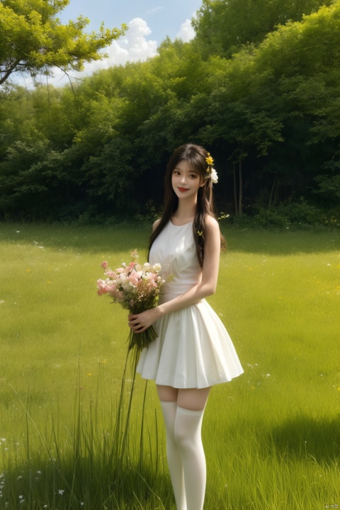 1girl,solo,smile,wearing a JK and holding a bouquet of vivid wildflowers,standing in a field of tall grass with a soft breeze blowing through. The scene should capture the whimsical and carefree style of Sakimichan,with a sense of peace and tranquility in the air
best quality,masterpiece,cute:1.2, FUJI, mLD, hy, white thighhighs
