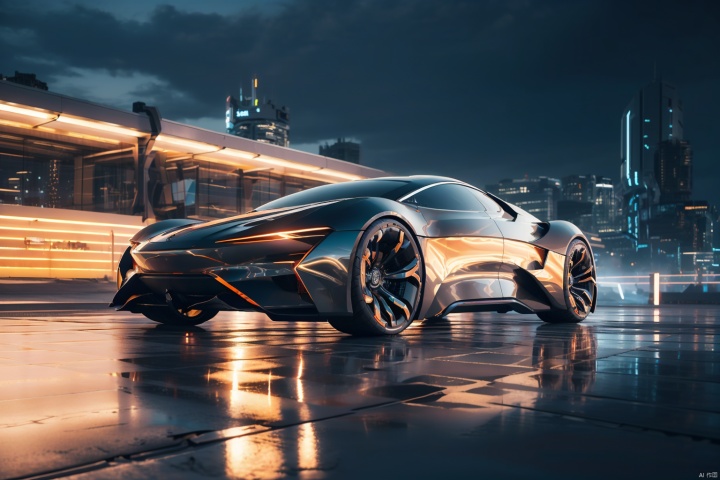  Futuristic concept car at night, metal flared skeleton walls, sustainable design, orange and dark gray gradient, organically shaped body, electric, clear edges, neotech, Mech Combat Vehicle