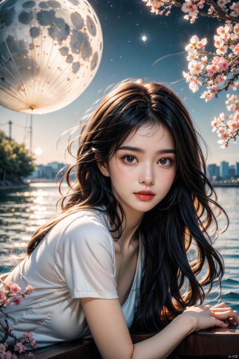  A young girl lying comfortably on a boat, looking up at the starry night sky filled with colorful flowers surrounding the boat, reflecting the bright moon on the lake surface, distant cherry blossom scenery in the background, medium and long distance view, deep depth of field, detailed details. High resolution image, vivid colors, dreamy atmosphere, romantic scene, beautiful night sky, blooming flowers, reflection of the moon on the lake, distant cherry blossoms, serene environment, peaceful mood, starry sky, flower decoration, boat ride, comfortable position, young girl's innocence, tranquility., eluosi, blackpantyhose, qiqiu, mLD, FUJI, upshirt