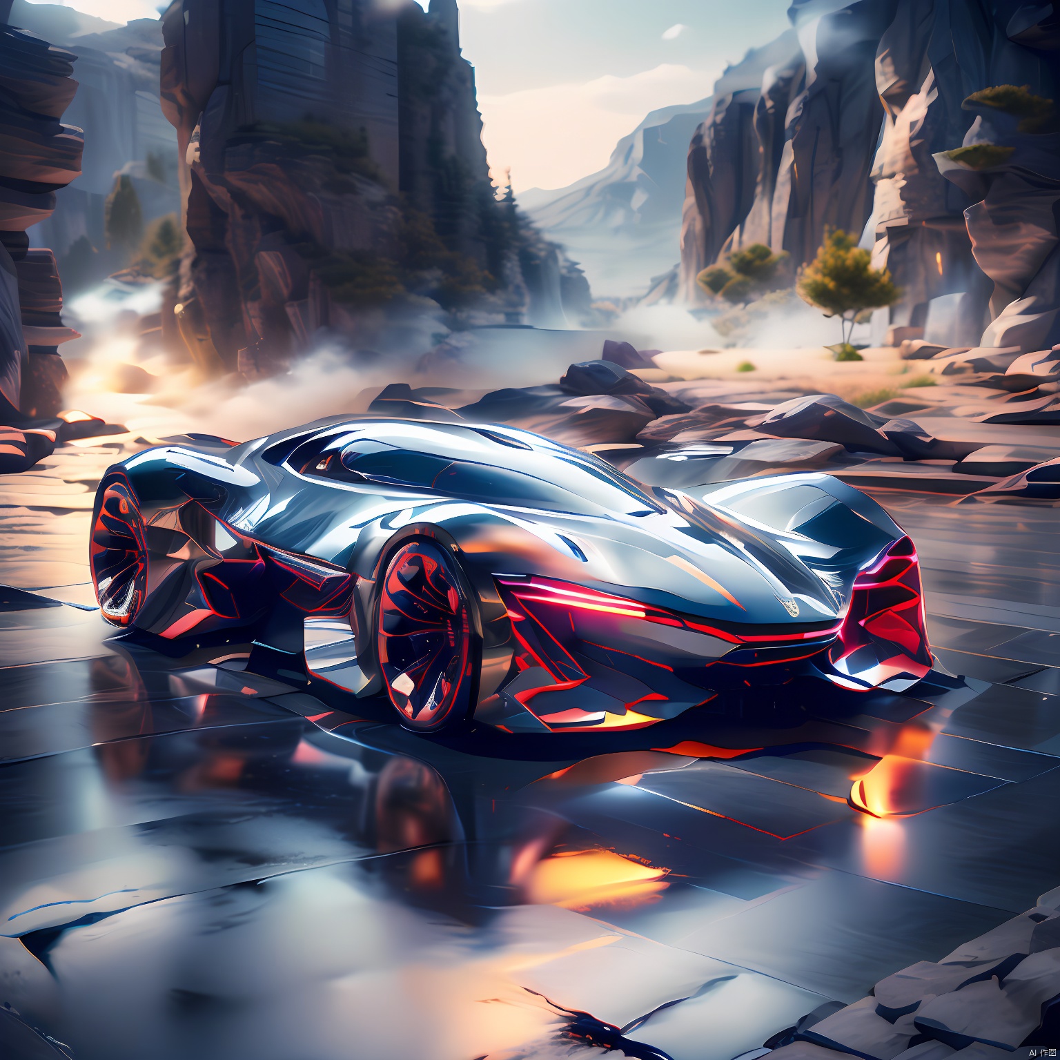  a black sports car is driving on a mountain road, in the style of concept art, 32k uhd, dark white and dark gray, dc comics, faceted shapes, fog,design/architecture study, 1girl