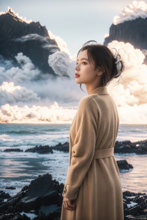  (8k,RAW photo,best quality,masterpiece:1.2),(realistic,photo-realistic), strong wind, a girl, standing, (whole body)), back, dynamic hairstyle, back view, edge light, coat,, ( ((movie composition, movie lighting))),, not looking at the camera, profile, ocean, clouds, gloomy sky, depth of field, sea, dim sky, dim, FUJI