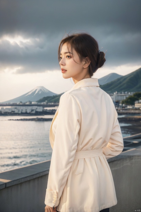  (8k,RAW photo,best quality,masterpiece:1.2),(realistic,photo-realistic), strong wind, a girl, standing, (whole body)), back, dynamic hairstyle, back view, edge light, coat,, ( ((movie composition, movie lighting))),, not looking at the camera, profile, ocean, clouds, gloomy sky, depth of field, sea, dim sky, dim, FUJI