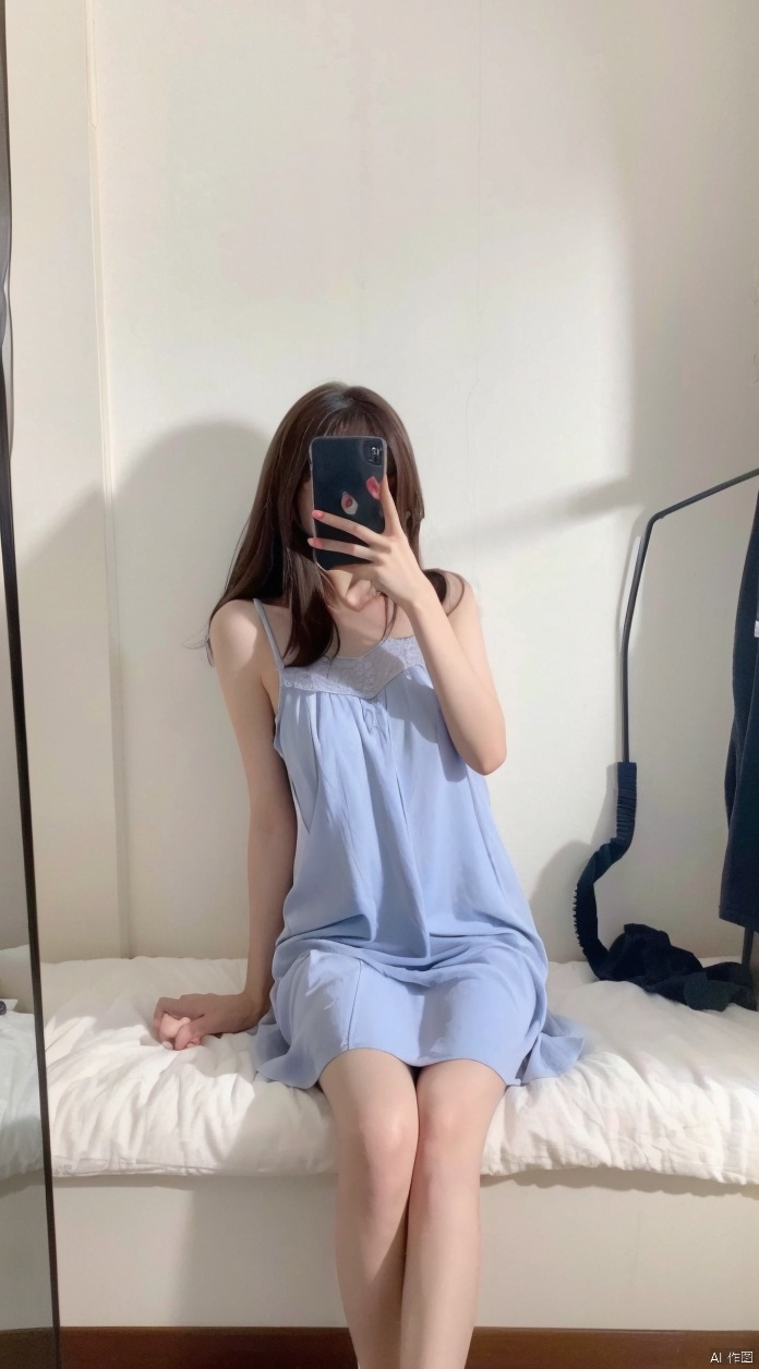  ((( head out of frame))),Best quality, 1girl, xtt's body,(short dress),full body,bachongshenzi , photo pose,sitting, shapely body, xtt, aki,Take a selfie, upshirt