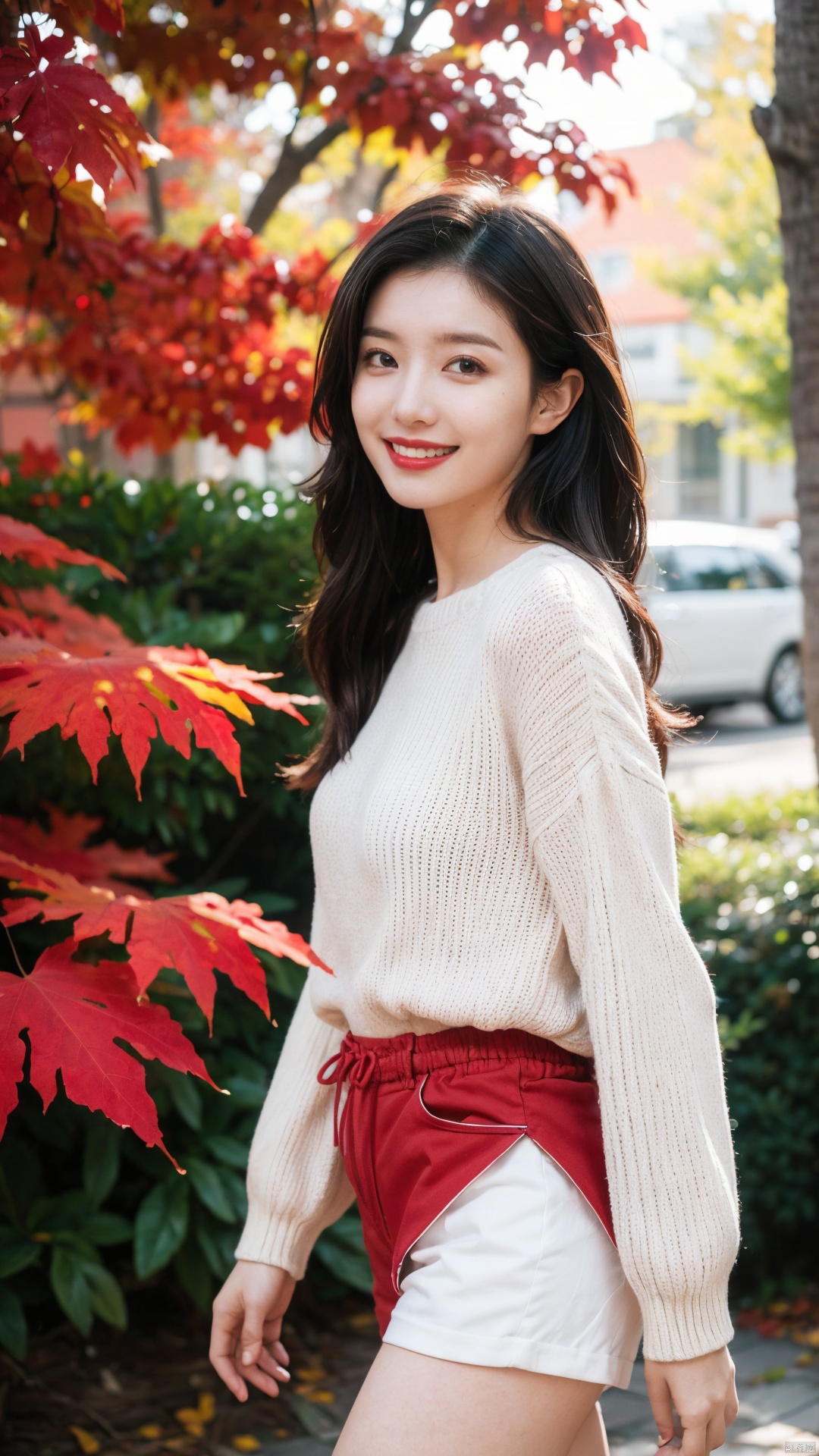  The image features a beautiful young woman leaning against a tree, with her long, dark hair styled perfectly. She is smiling, giving off a sense of warmth and positivity. Her outfit, consisting of a red and white striped sweater and red shorts, is both fashionable and comfortable. The surrounding environment is captivating, with vibrant red leaves on the tree and sunlight shining through, creating a beautiful contrast against the woman's outfit. The image is of the highest quality, with perfect exposure, color balance, and focus. The woman's face is perfectly illuminated, and her features are clearly visible. Overall, the image is a beautiful portrayal of a young woman in a fashionable outfit, surrounded by a stunning natural backdrop. The combination of the woman's smile, the vibrant red leaves, and the sunlight creates a sense of warmth and positivity, making it an excellent example of high-quality, stylish photography.