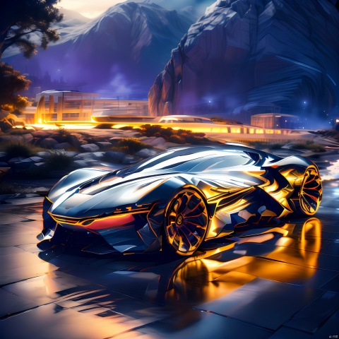  a black sports car is driving on a mountain road, in the style of concept art, 32k uhd, dark white and dark gray, dc comics, faceted shapes, fog,design/architecture study, 1girl