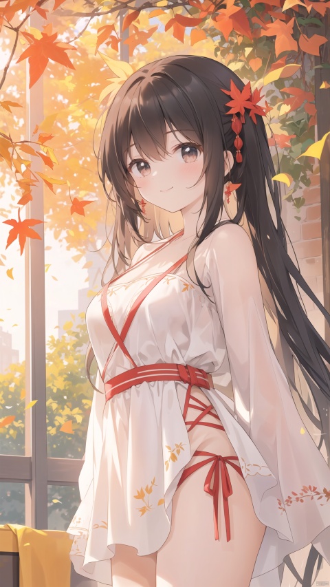  The image features a beautiful young woman leaning against a tree, with her long, dark hair styled perfectly. She is smiling, giving off a sense of warmth and positivity. Her outfit, consisting of a red and white striped bikini, is both fashionable and comfortable. The surrounding environment is captivating, with vibrant red leaves on the tree and sunlight shining through, creating a beautiful contrast against the woman's outfit. The image is of the highest quality, with perfect exposure, color balance, and focus. The woman's face is perfectly illuminated, and her features are clearly visible. Overall, the image is a beautiful portrayal of a young woman in a fashionable outfit, surrounded by a stunning natural backdrop. The combination of the woman's smile, the vibrant red leaves, and the sunlight creates a sense of warmth and positivity, making it an excellent example of high-quality, stylish photography., autumn yellow leaves
