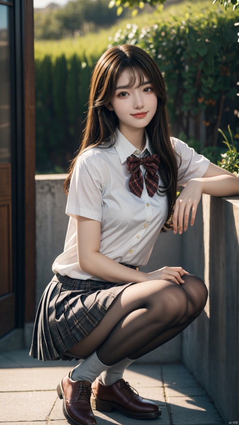  masterpiece,best quality,extremely detailed 8K wallpaper,1girl,JK,plaid skirt,school uniform,brown shoes,sitting,smile, JK,((poakl)),upper body, FUJI, gufeng, upshirt