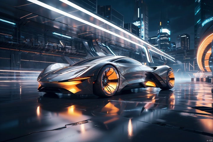  Futuristic concept car at night, metal flared skeleton walls, sustainable design, orange and dark gray gradient, organically shaped body, electric, clear edges, neotech, Mech Combat Vehicle