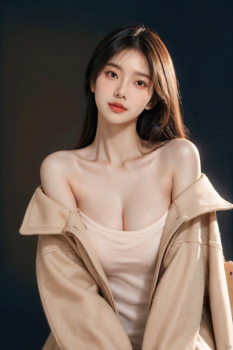  1 girl with clean ears exposed, 70 ° face 1, 5 ° head up 0.01, khaki coat, dark skin background, light texture, bust, chest, 50mm lens shooting,:>, HUBG_Peach_Fuzz,full_body,off-shoulder, mLD
