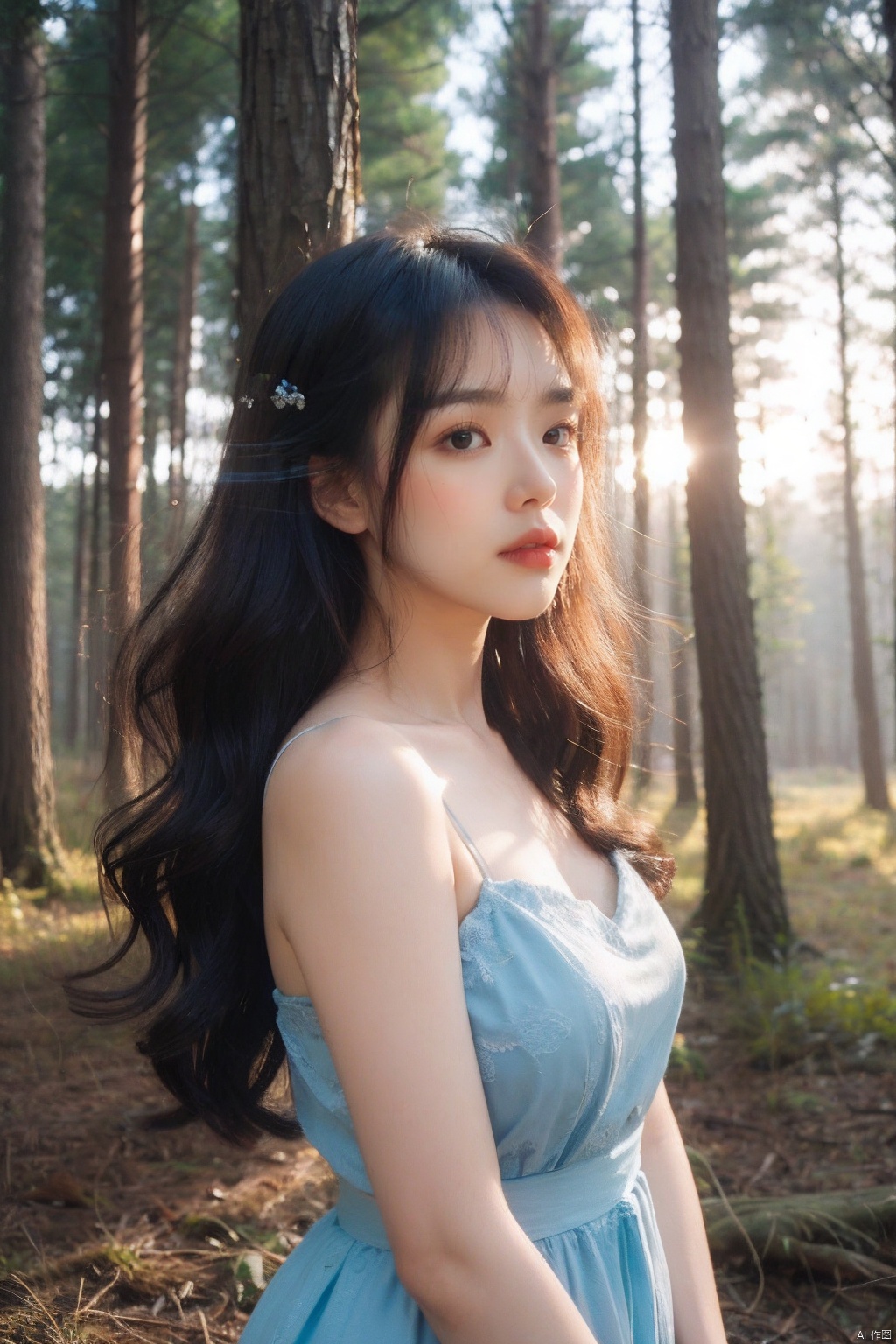  (bare shoulders:0.85),1girl,Wool curly hairstyle,outdoor,forest, A brilliant sunset,glorious sunset,Glowing ambiance,enchanting radiance,luminous lighting,ethereal atmosphere,mesmerizing glow,evocative hues,captivating coloration,dramatic lighting,enchanting aura,masterpiece,best quality,1girl,upper body,girl with a weak temperament,(epic cinematic),soft nature lights,rim light,absurd,amazing,funny,itricate,hyper detailed,dust,soft colors, 1girl, blue dress 