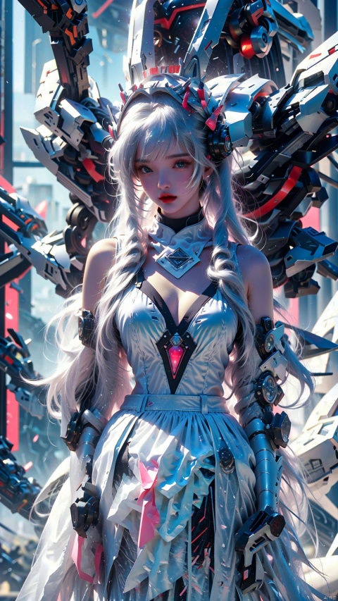  1girl,full body,standing,street,city,building,vivid,colorful,big breasts, tianqiji,blue_eyes, 1 girl, drakan_longdress_dragon crown_headdress,mecha musume,dress,white hair,looking at viewer,mechanical wings,wingsneon lamp,full body, liuyifei, mechpp, Pink Mecha