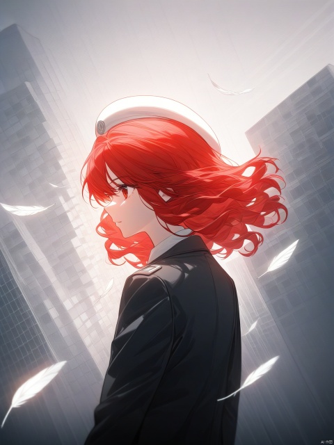  (best quality), (ultra-detailed), Light leaks, Noise and grain, Color degradation,art,design,1 girl, solo, short red hair, wavy hair,floating black jacket, white school uniform, white beret , floating feathers,  geometry, clear lines, squares, bright, limited palette, blank stare,skyscraper